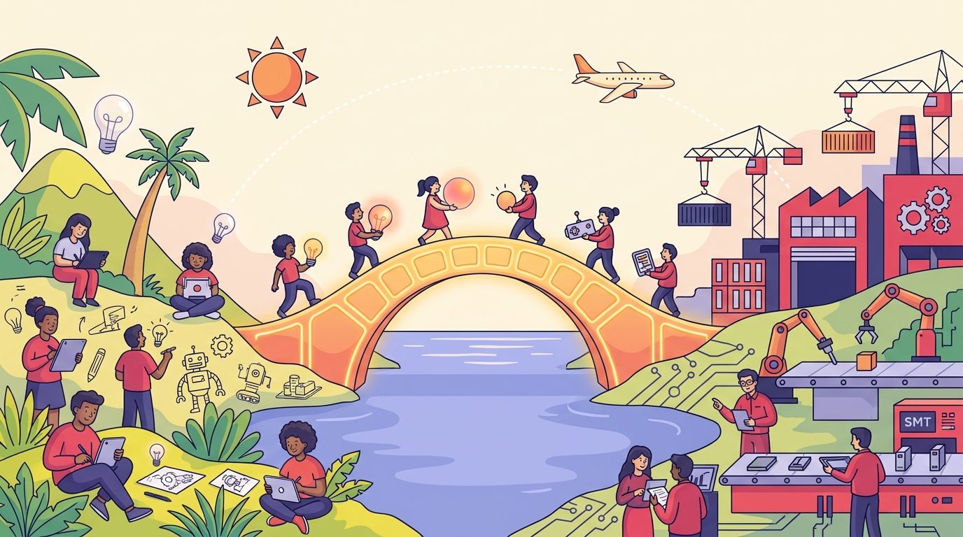 Ponte dourada ligando as ideias do Brasil à estrutura industrial da China, com pessoas atravessando com suas invenções