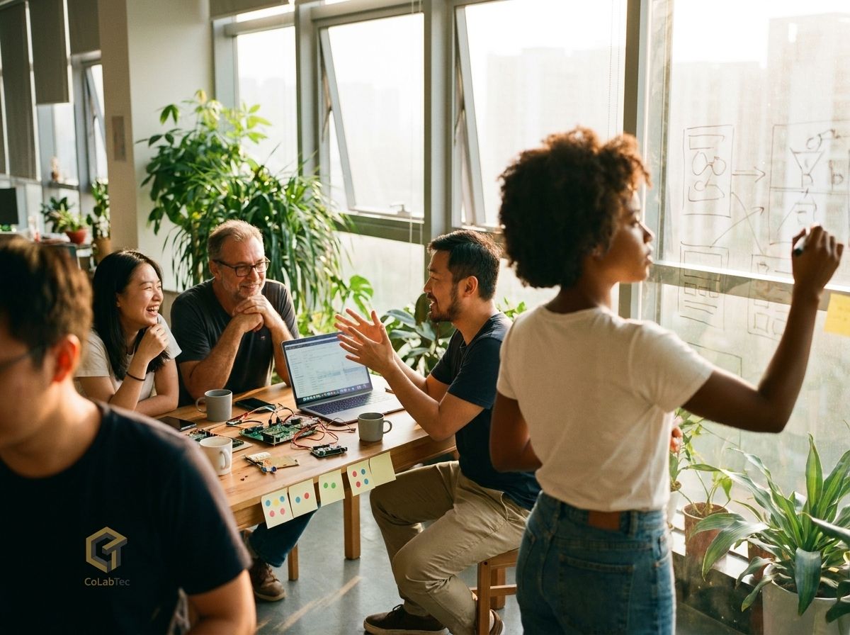 Grupos de brasileiros e chineses conversando animados em coworking iluminado pelo sol, um deles com camiseta CoLabTec