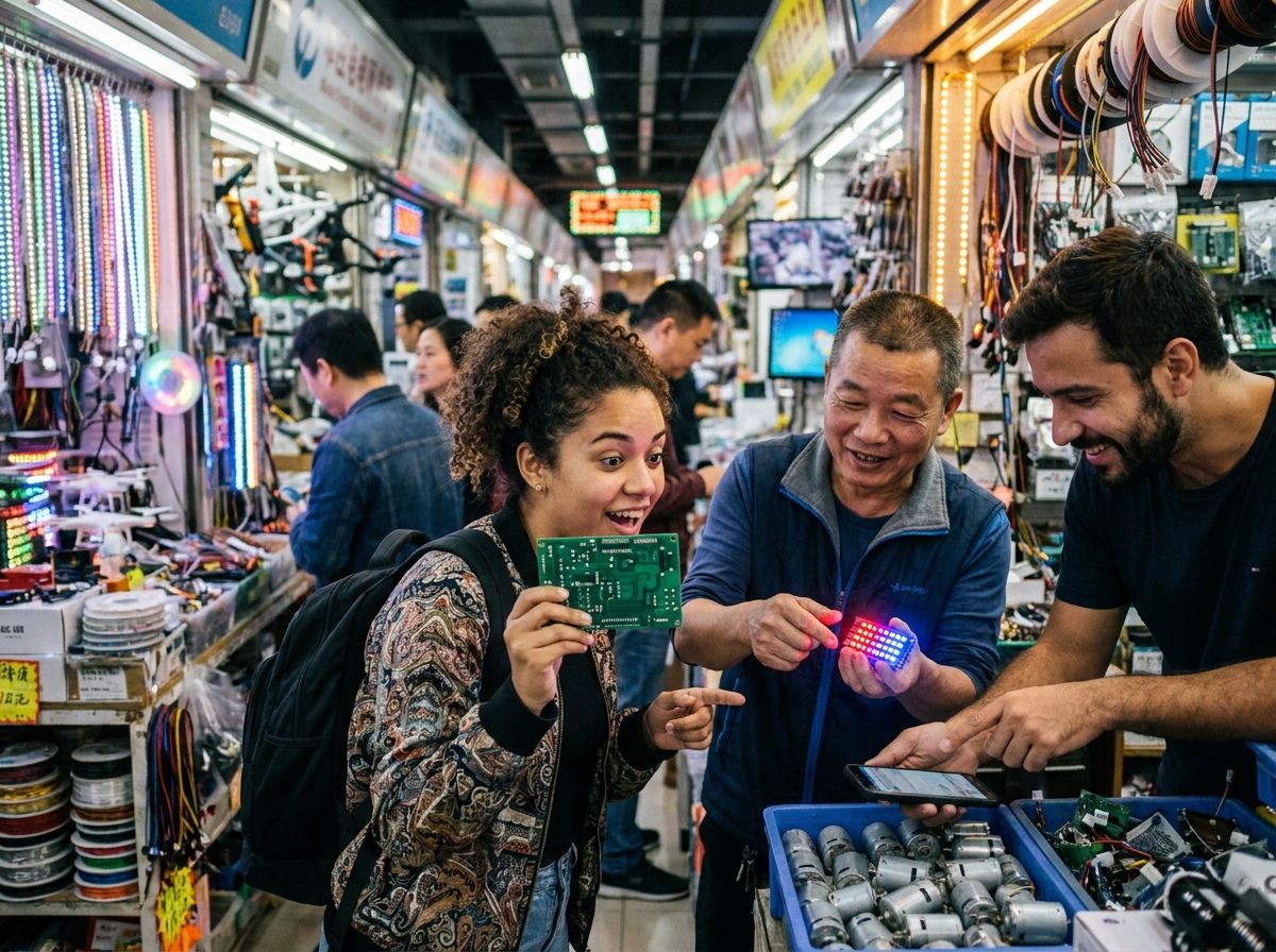 Brasileiros encantados examinando componentes eletrônicos com vendedor chinês em feira lotada de Shenzhen