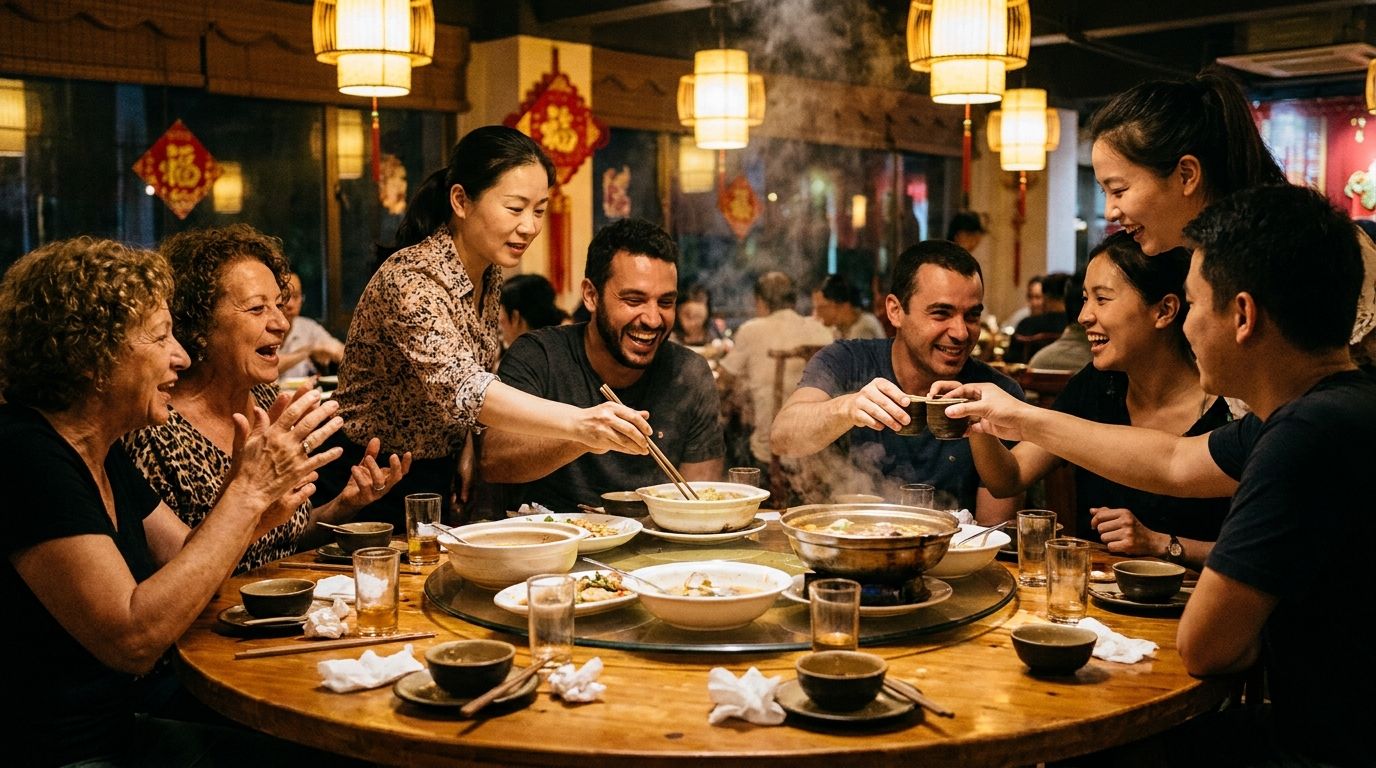 Brasileiros e chineses rindo e brindando em jantar de confraternização em restaurante de Zhuhai