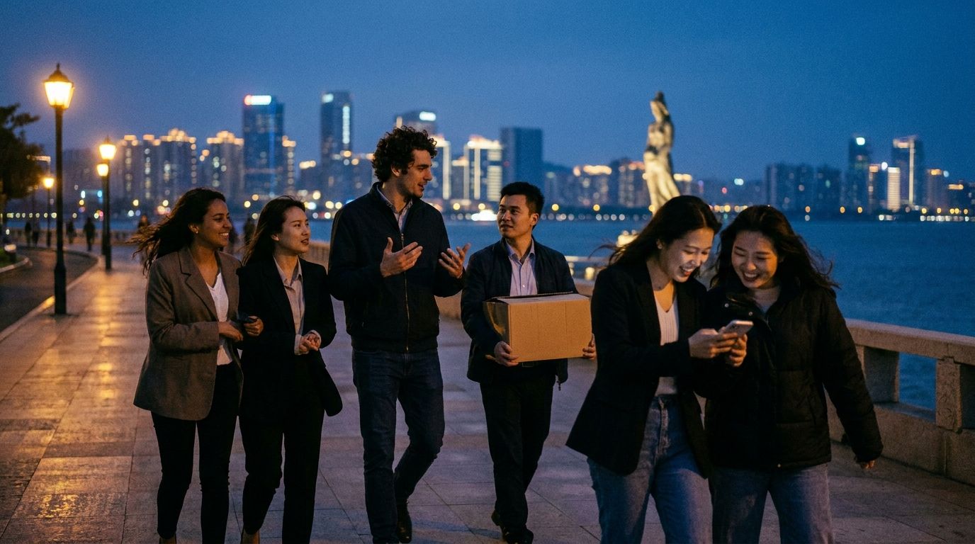 Grupo de brasileiros e chineses caminhando e conversando na orla de Zhuhai ao anoitecer com skyline iluminado