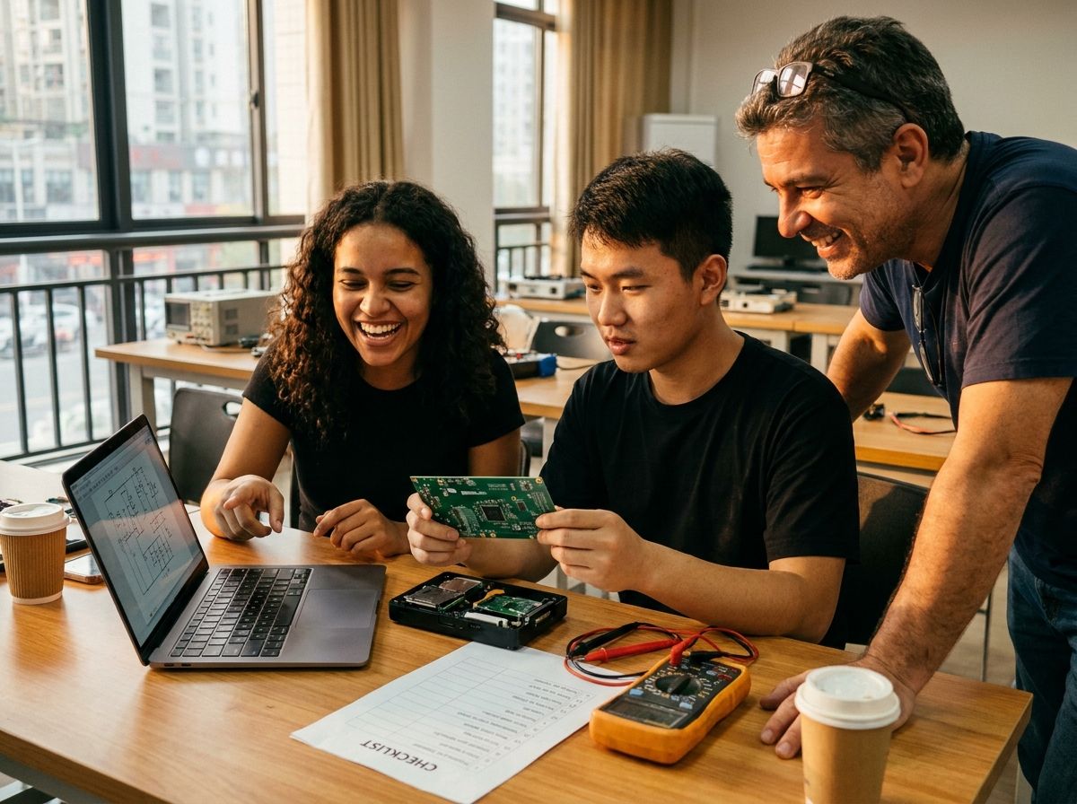 Alunos brasileiros e chineses rindo em volta de um notebook e uma placa de circuito durante aula prática do Colabtec School