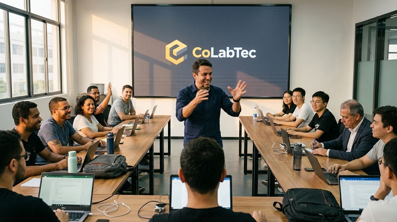 Professor no meio da turma em masterclass do Colabtec School em Zhuhai, com telão exibindo a logo CoLabTec e alunos brasileiros e chineses de notebook aberto