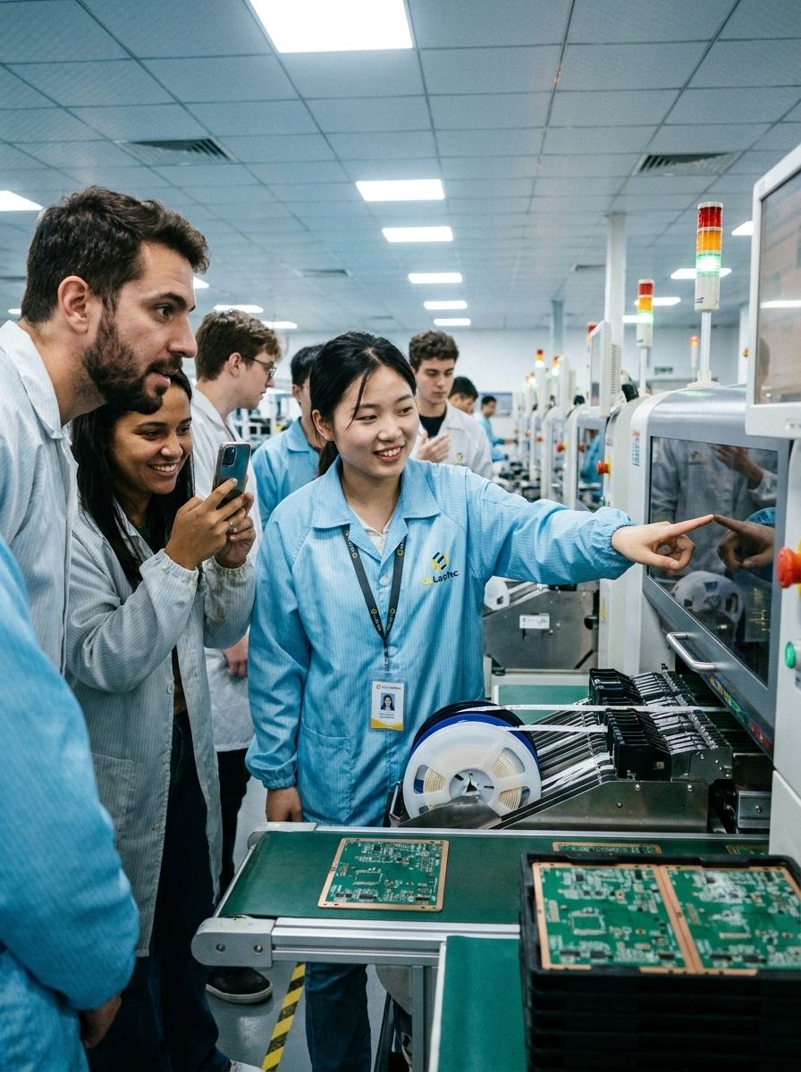 Turma do Colabtec School visitando linha SMT em fábrica de Zhuhai, guiada por engenheira chinesa com crachá CoLabTec
