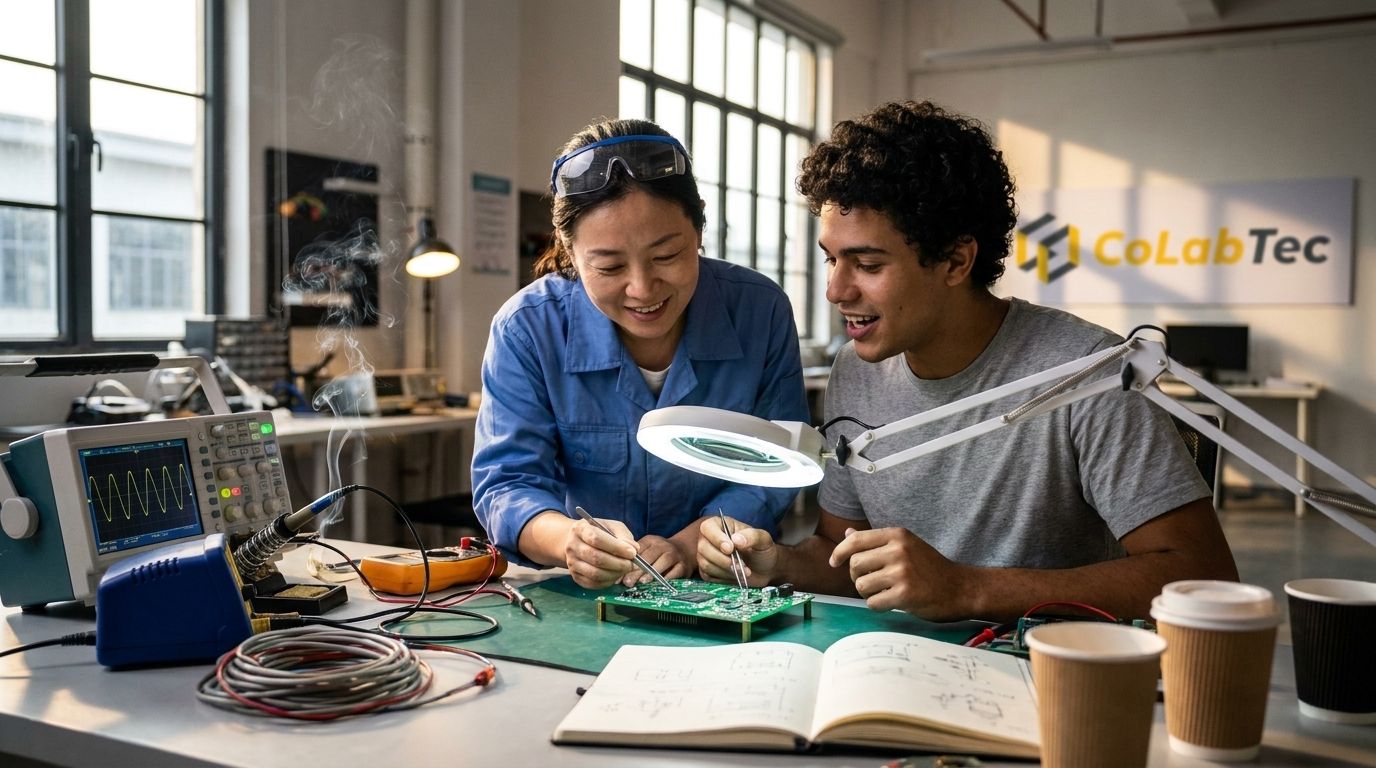 Mentora chinesa e jovem inventor brasileiro debruçados sobre uma placa de circuito na bancada do laboratório da Colabtec em Zhuhai