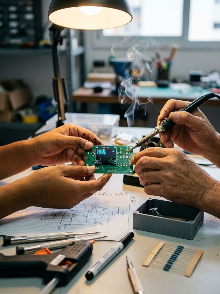 Mãos de inventora brasileira e engenheiro chinês soldando e testando um protótipo eletrônico que acende pela primeira vez