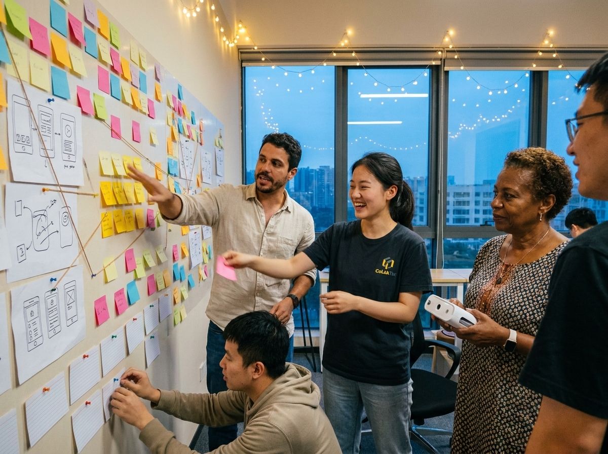 Equipe de brasileiros e chineses discutindo o roadmap do produto diante de uma parede de post-its no espaço da incubadora