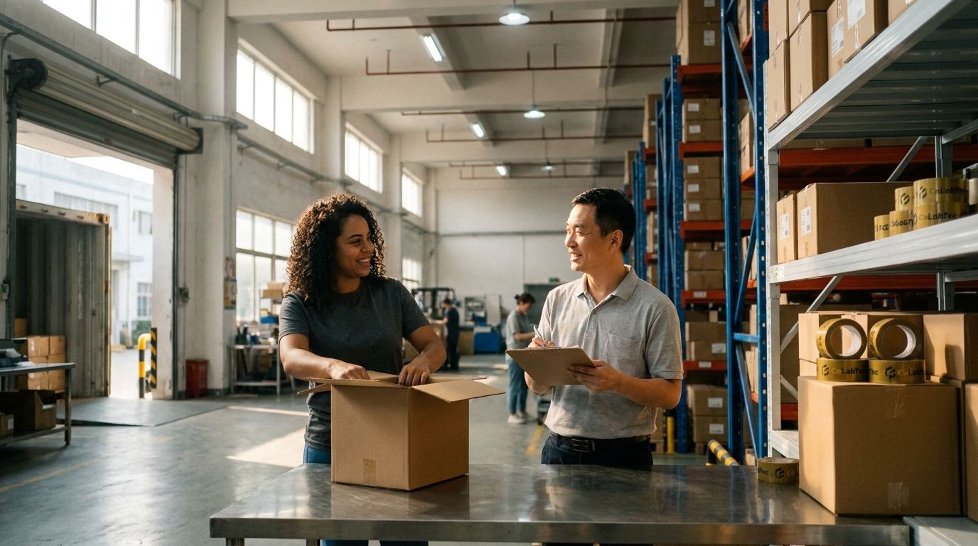 Equipe brasileira e chinesa abrindo uma remessa recém-chegada no warehouse da Colabtec em Zhuhai, com prateleiras de caixas lacradas com fita da marca ao fundo