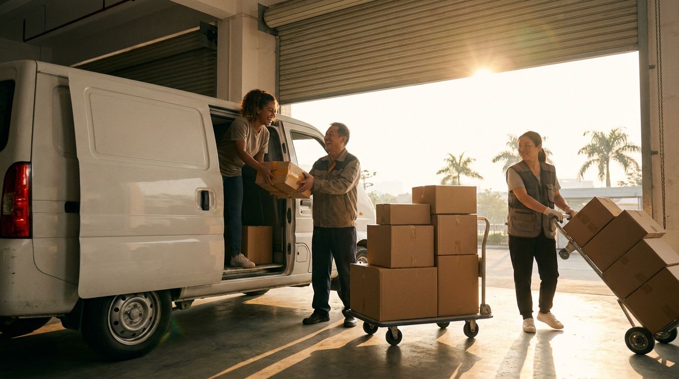 Equipe carregando pacotes em uma van no fim de tarde na doca do warehouse em Zhuhai, com carrinhos cheios de encomendas prontas para envio