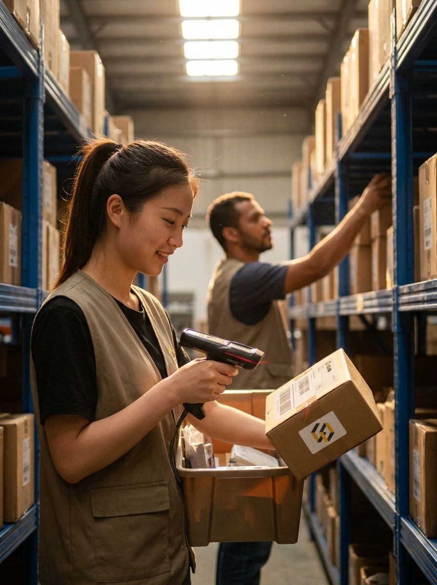 Operadora escaneando a etiqueta de uma caixa com adesivo da logo Colabtec em um corredor de prateleiras do warehouse em Zhuhai