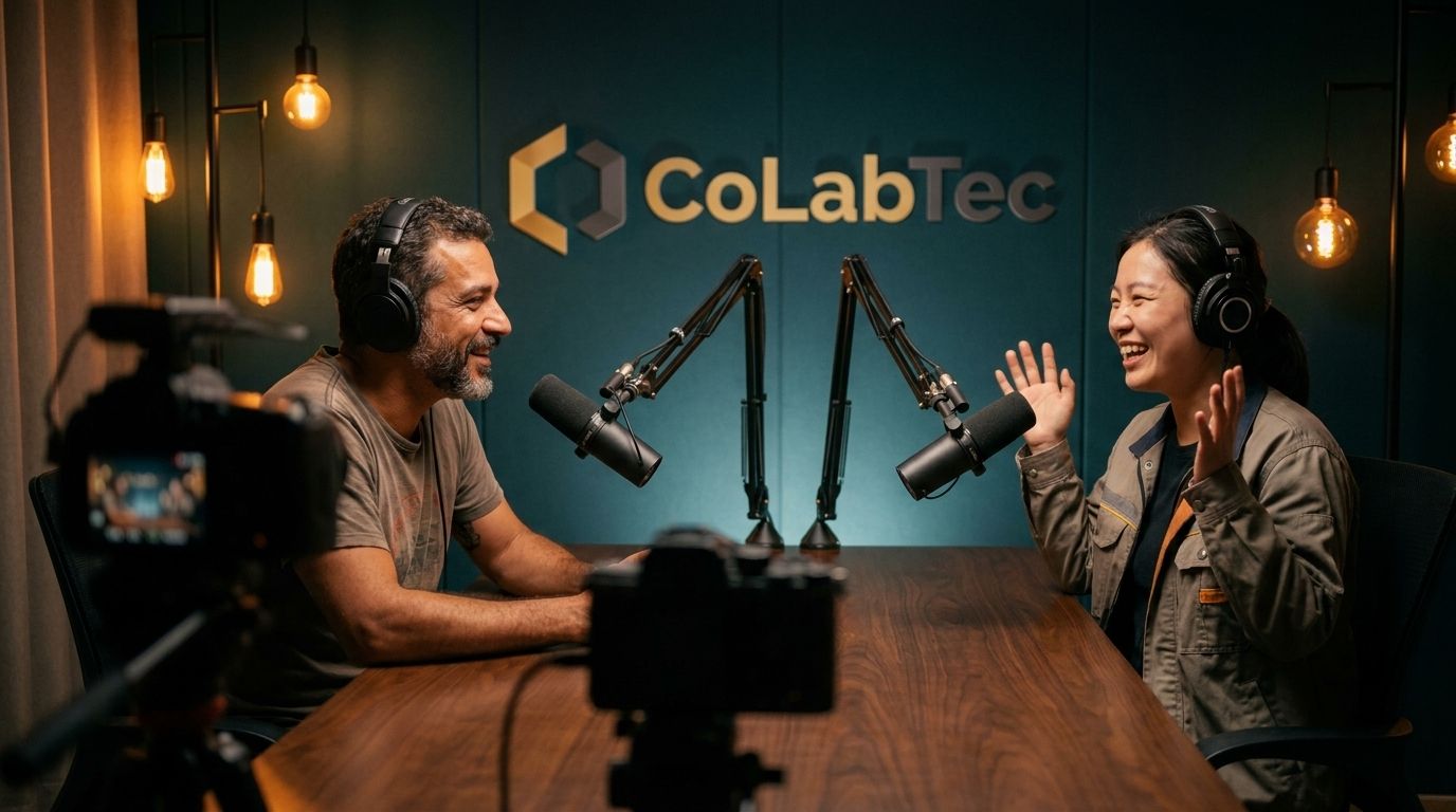 Empreendedor brasileiro e engenheira chinesa gravando episódio de podcast no estúdio da Colabtec em Zhuhai, com microfones e logo ao fundo