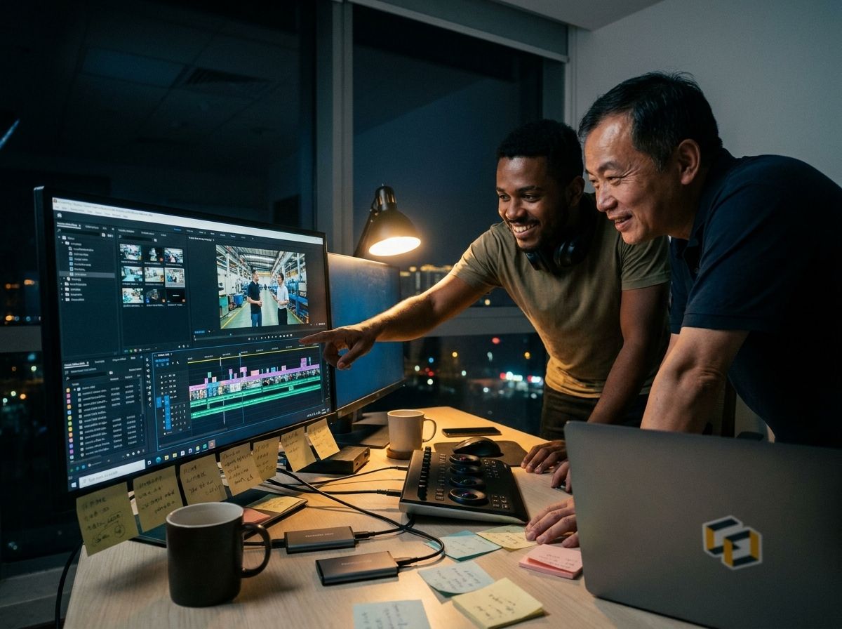 Editor brasileiro e colega chinês revisando o corte de um episódio na ilha de edição do estúdio em Zhuhai, à noite