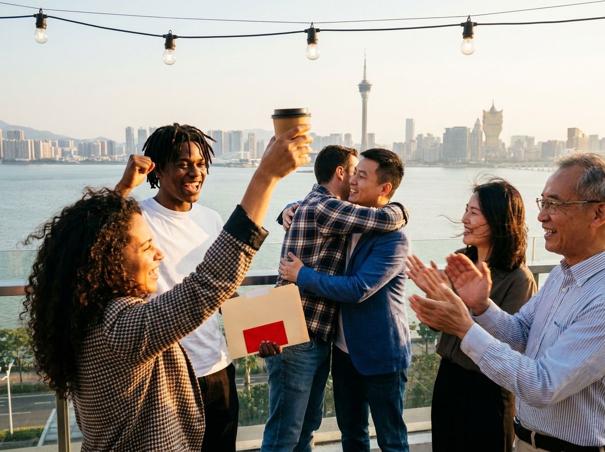 Equipe de brasileiros e chineses celebra uma contratação com brinde em terraço ao pôr do sol em Zhuhai