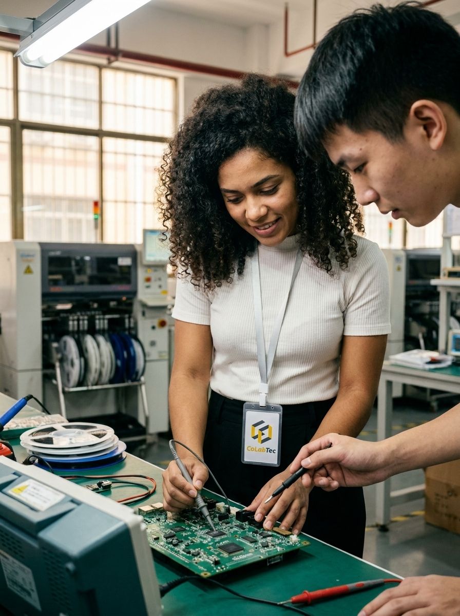 Engenheira brasileira com crachá CoLabTec testando uma placa eletrônica ao lado de colega chinês em laboratório de Zhuhai