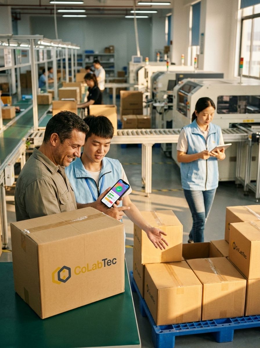 Gestor brasileiro e supervisor chinês usando app mobile da Colabtec no chão de fábrica em Shenzhen