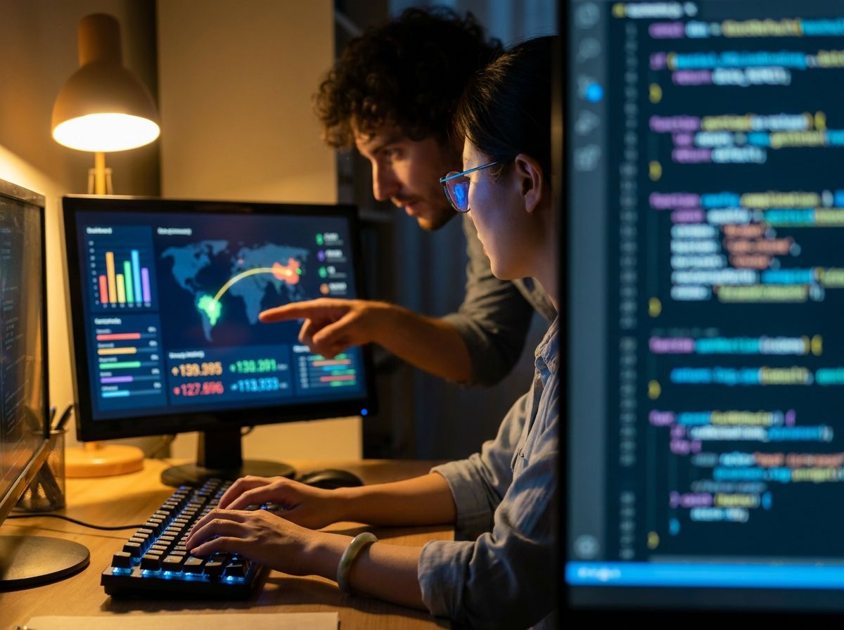 Close das mãos de uma desenvolvedora com código na tela e dashboard de logística ao lado