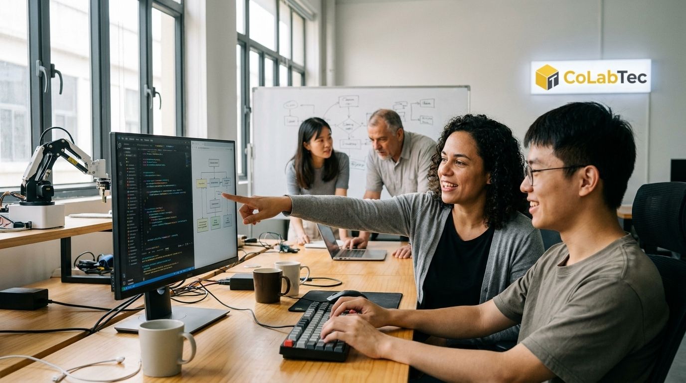 Desenvolvedores brasileiros e chineses em pair programming diante de múltiplas telas no laboratório da Colabtec em Zhuhai