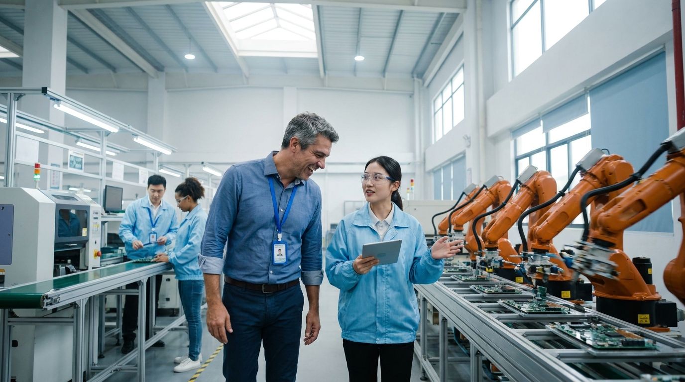 Executivo brasileiro caminha pelo chão de fábrica em Zhuhai ao lado de engenheira chinesa, entre braços robóticos montando placas eletrônicas