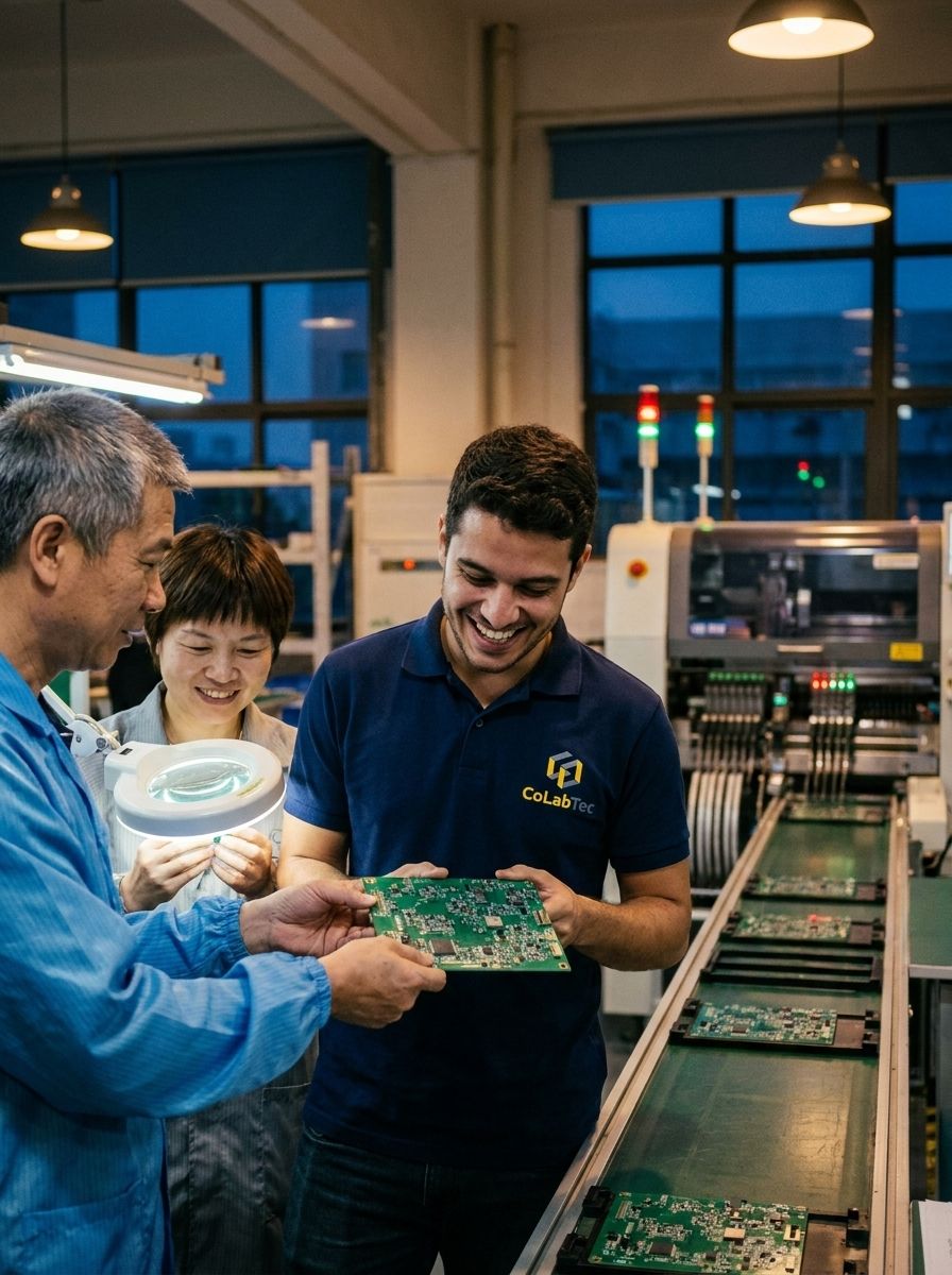 Técnico chinês entrega a primeira placa eletrônica da linha piloto a jovem empreendedor brasileiro sorridente em laboratório SMT em Zhuhai
