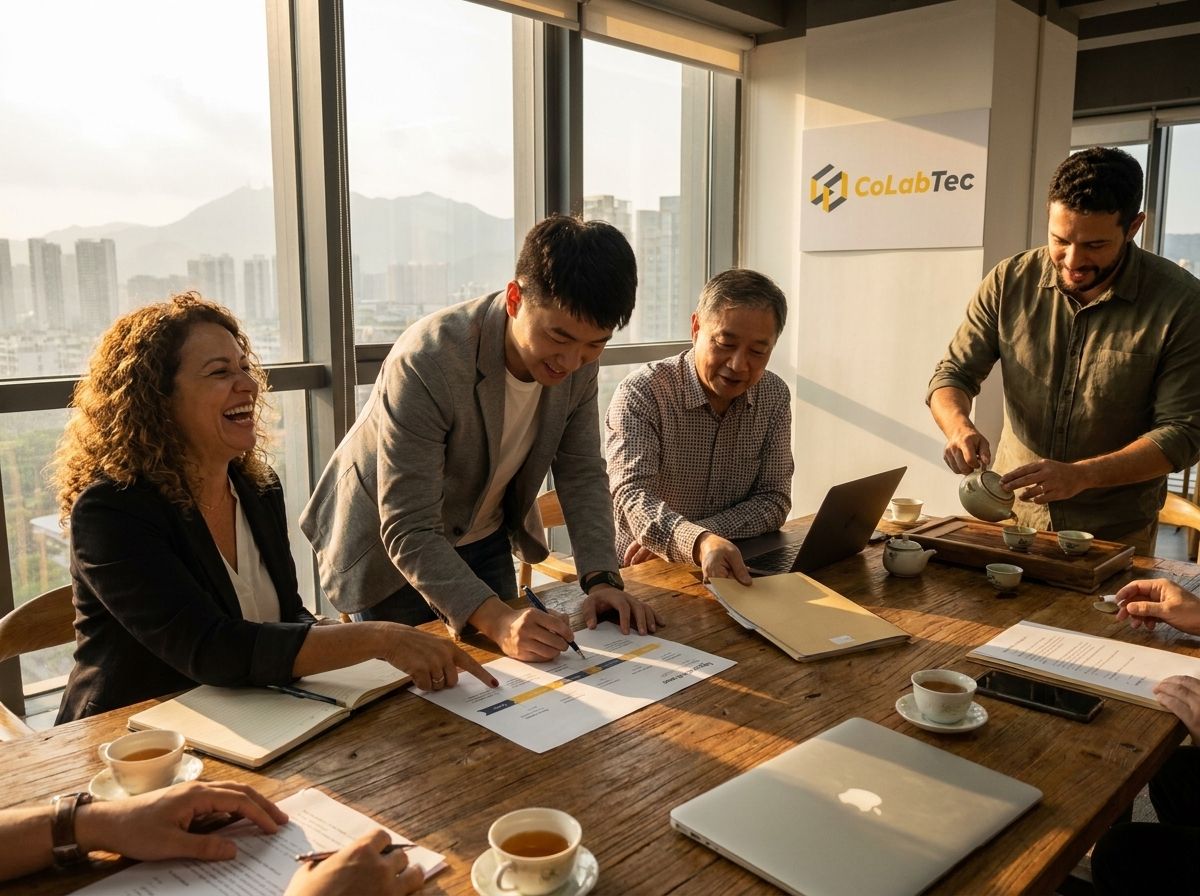 Empresária brasileira e parceiros chineses riem e assinam cronograma de projeto em reunião com luz dourada, logo CoLabTec discreta ao fundo