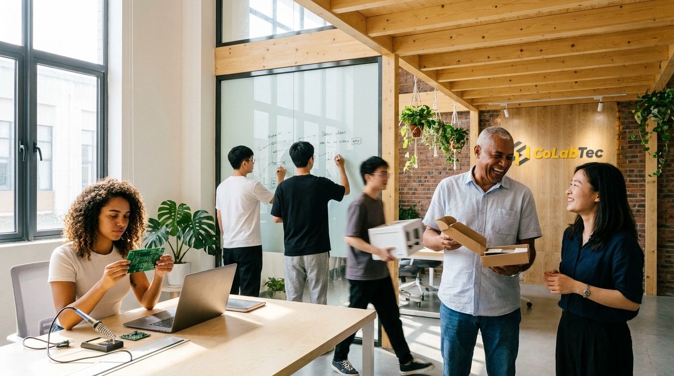 Vista ampla do coworking Colabtec Space em Zhuhai, com pé-direito alto, plantas e brasileiros e chineses colaborando em mesas de madeira clara