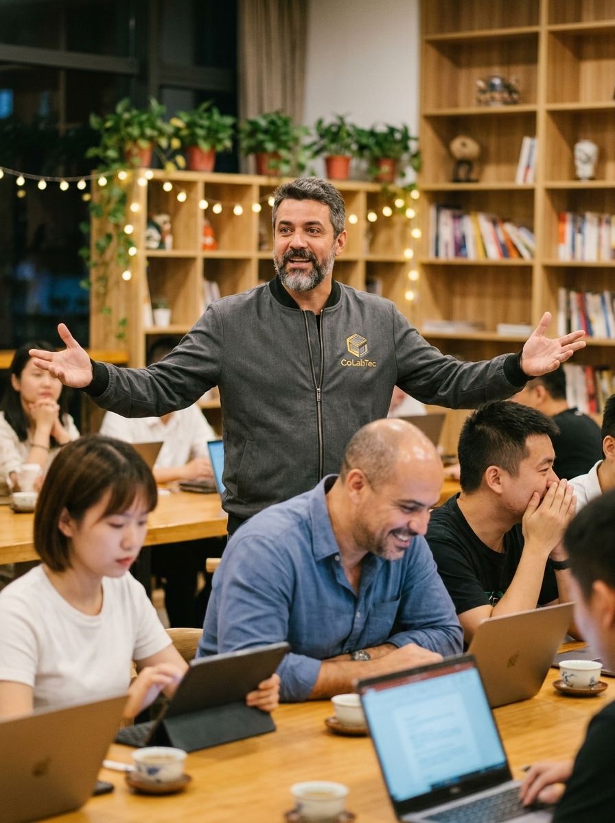 Host da Colabtec de casaco com a logo palestrando à noite para brasileiros e chineses sentados em mesas do coworking