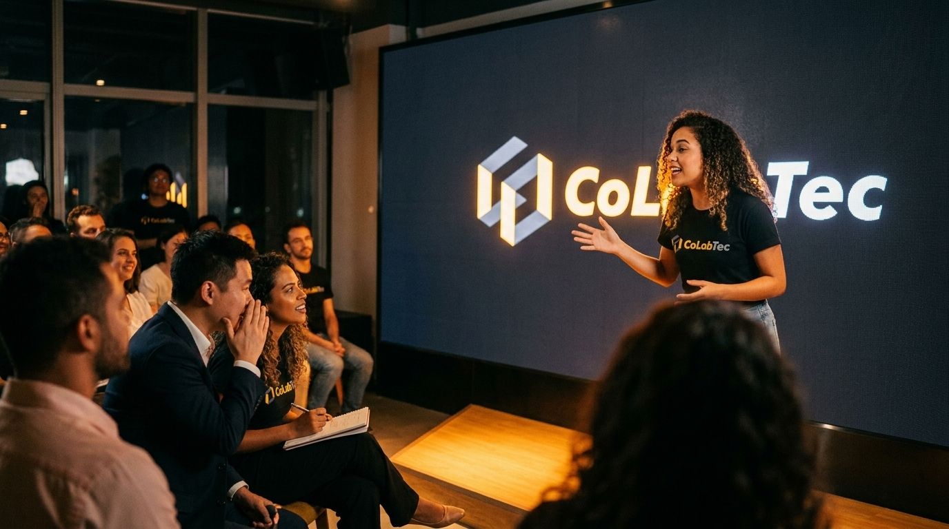 Fundadora brasileira apresentando seu pitch no demo day com o telão CoLabTec ao fundo, diante de plateia de investidores brasileiros e chineses