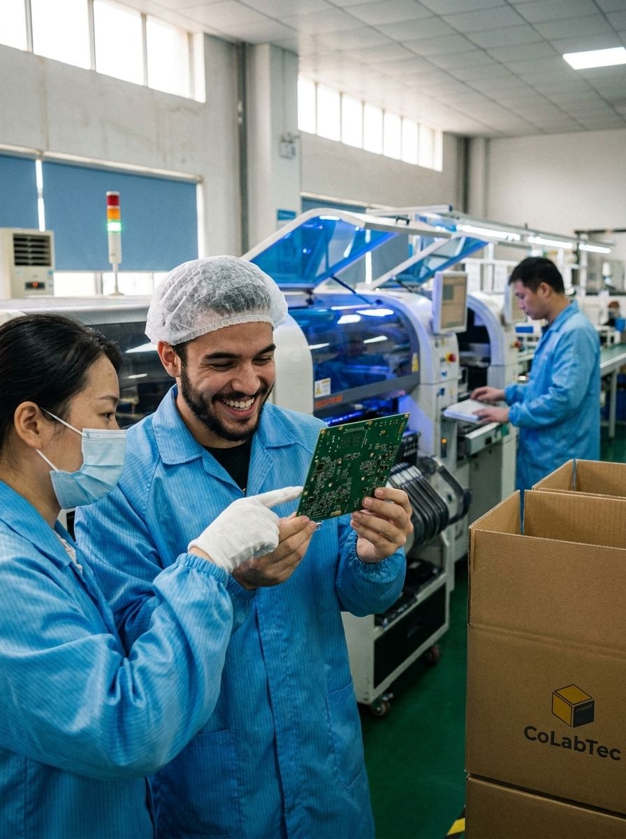 Fundador brasileiro e engenheira chinesa inspecionando placa eletrônica recém-produzida na linha SMT em Zhuhai, com caixa da CoLabTec ao lado