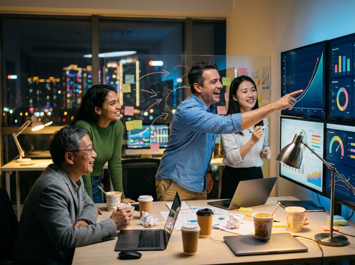Equipe de brasileiros e chineses analisando dashboards de crescimento em um war-room à noite em Zhuhai