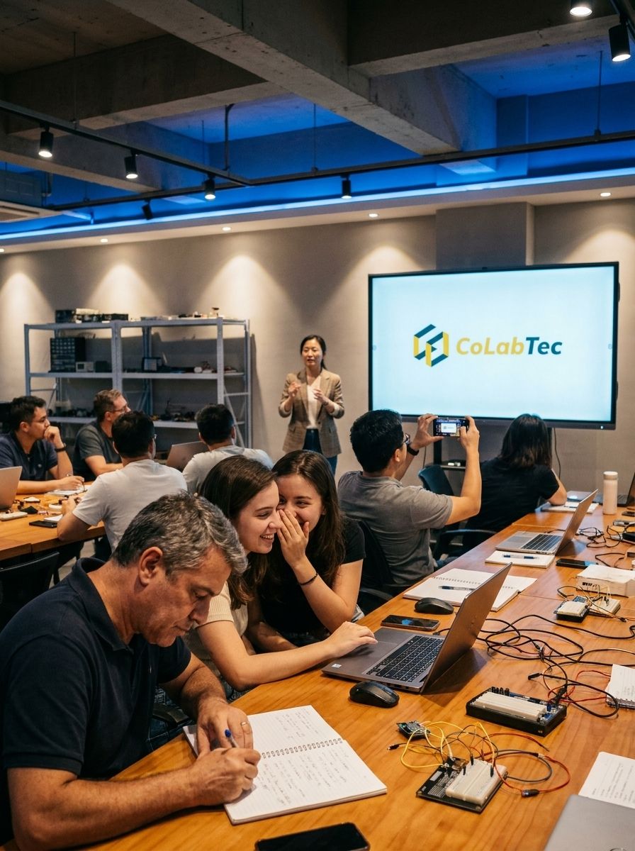 Participantes brasileiros e chineses assistindo palestra técnica com a logo Colabtec no telão em Zhuhai