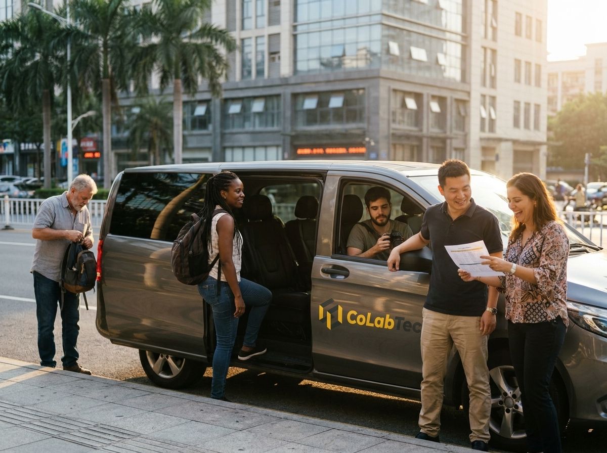 Van com a logo Colabtec na porta enquanto o grupo de participantes embarca em uma rua ensolarada de Zhuhai