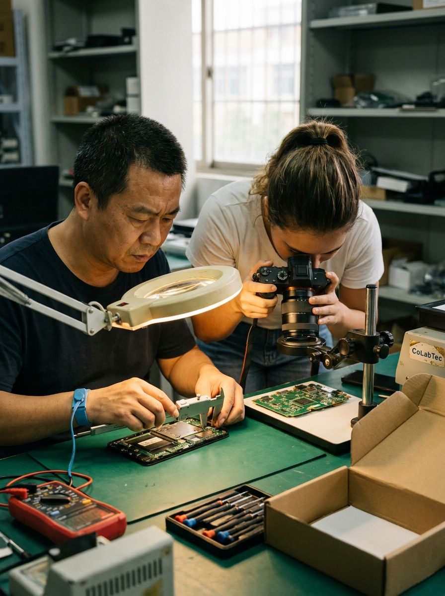 Técnico medindo com paquímetro um produto eletrônico aberto enquanto engenheira fotografa a placa na bancada de inspeção