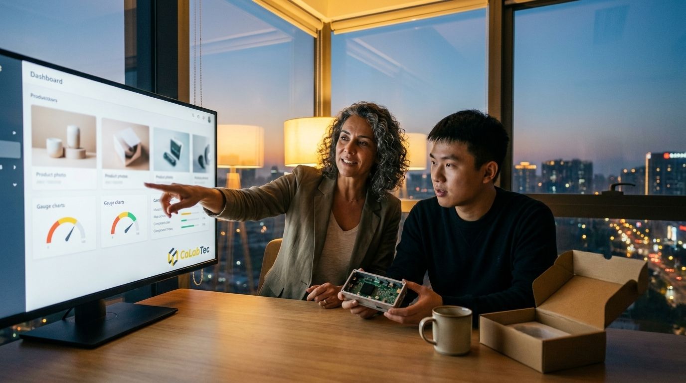 Cliente brasileira e engenheiro chinês analisando o relatório de inspeção no dashboard Colabtec com a amostra testada em mãos