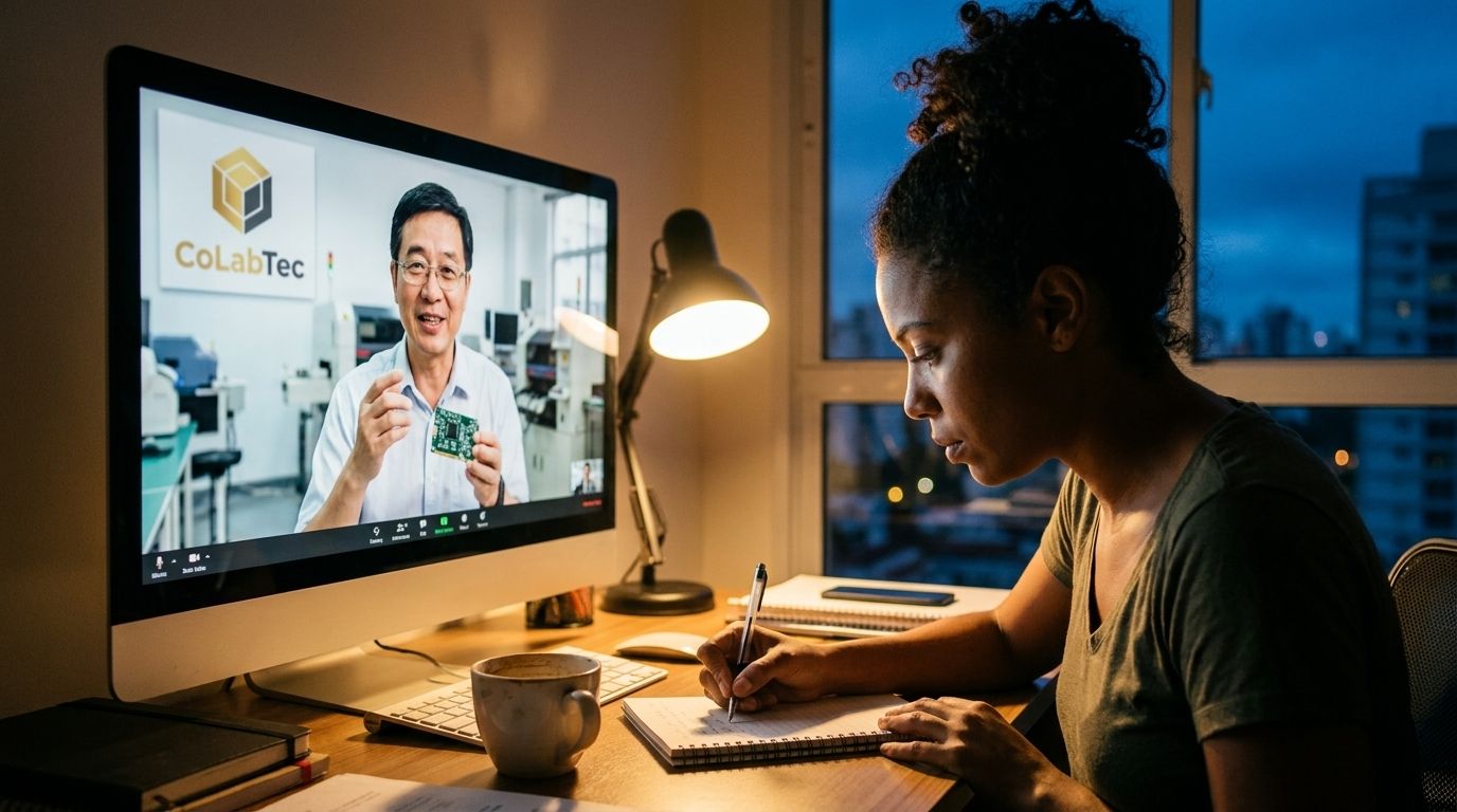 Empreendedora brasileira anota em caderno durante videochamada com mentor da Colabtec em seu laboratório em Zhuhai