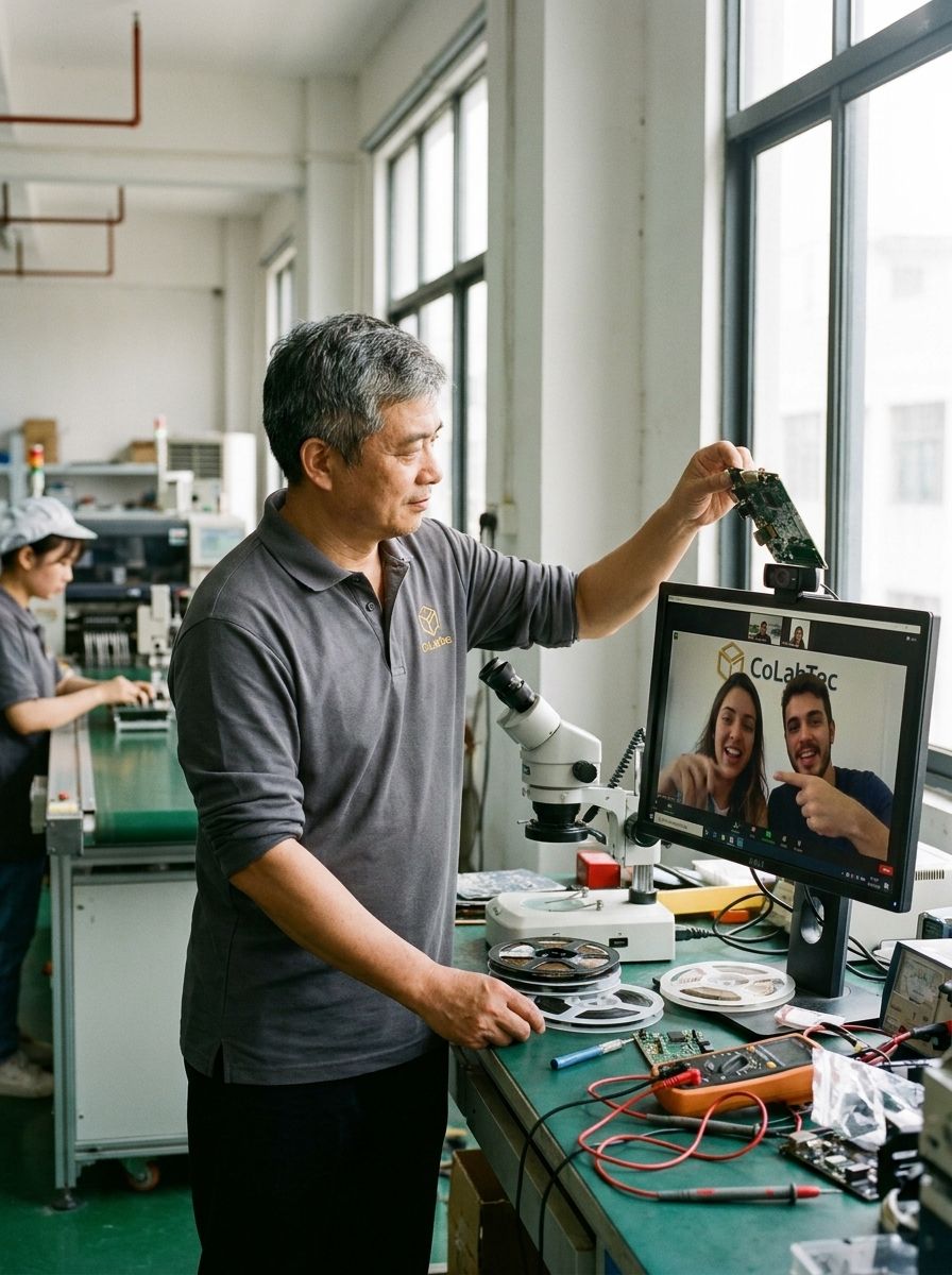 Mentor da Colabtec em laboratório em Zhuhai mostra placa eletrônica pela webcam para empreendedores brasileiros