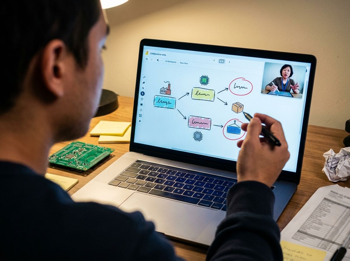 Close da tela de um laptop mostrando diagrama de fornecedores desenhado ao vivo durante sessão de mentoria online