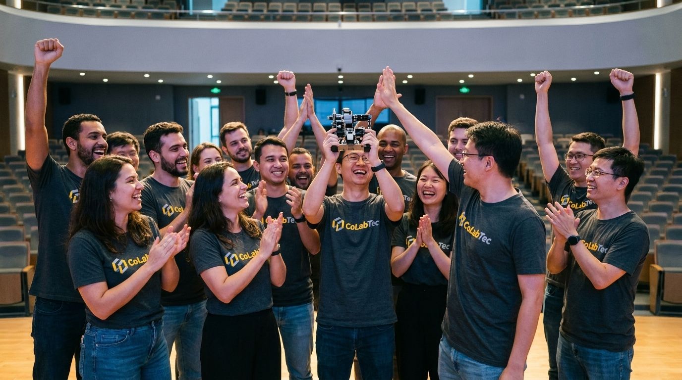Equipe com camisetas CoLabTec celebrando reunida no auditório em Zhuhai