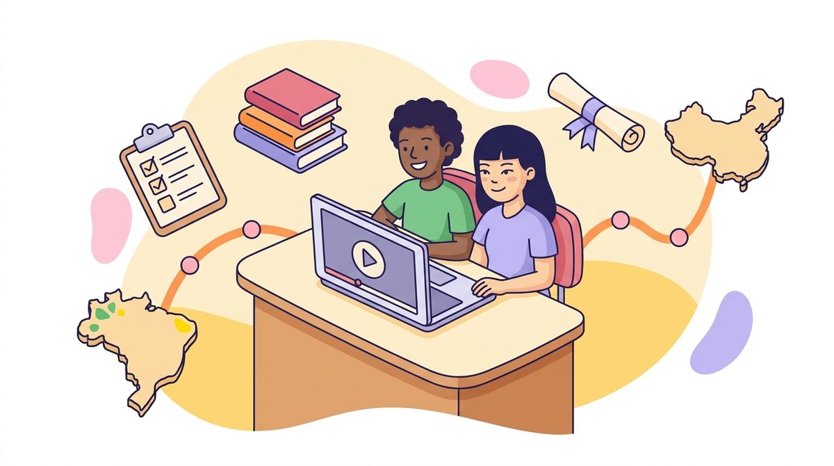 Aluno estudando online uma trilha do Colabtec School, com videoaula na tela, materiais de apoio, checklist e certificado ao lado.
