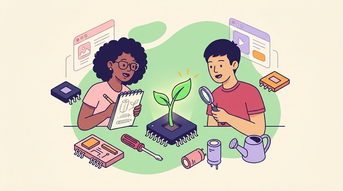 Muda verde brotando de um chip eletrônico, cercada por inventores com esboços e ferramentas de laboratório