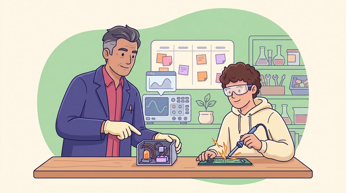 Mentora e jovem inventor testando um protótipo eletrônico em bancada de laboratório em Zhuhai