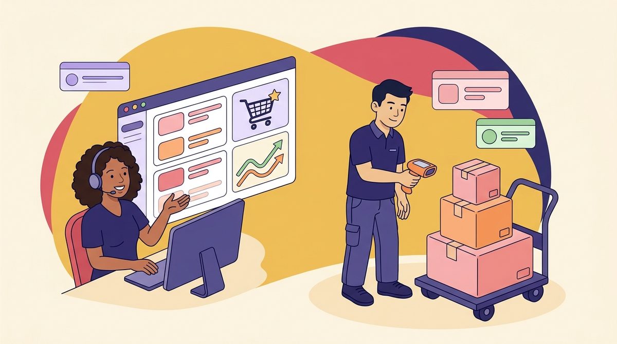 Operadora com headset atendendo pedidos ao lado de um painel de marketplace com produtos, carrinho e gráficos de vendas
