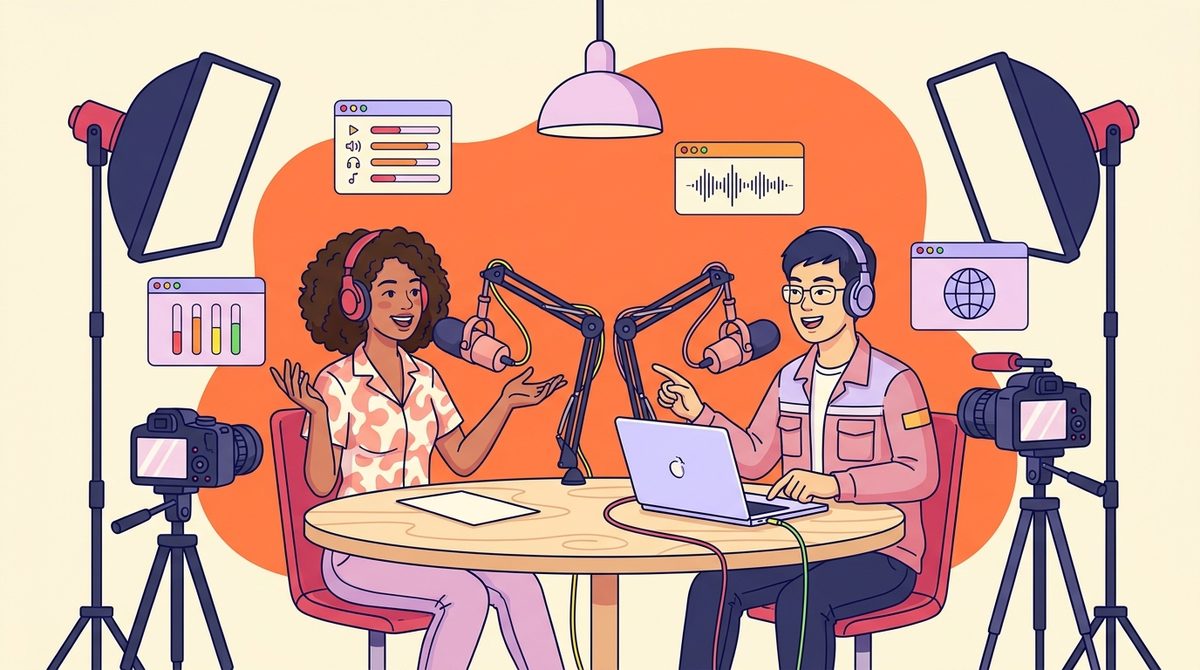 Dois empreendedores conversando em um estúdio de podcast em Zhuhai, cercados por microfones, câmeras e luzes