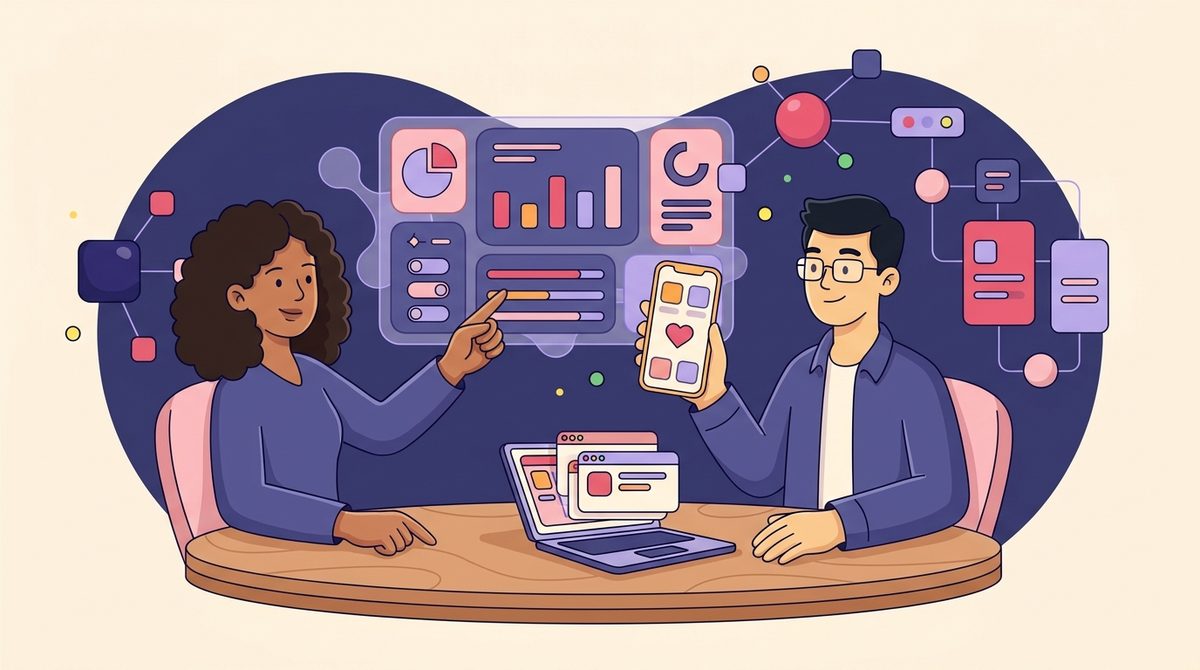 Desenvolvedores colaborando em torno de dashboards, telas de aplicativo e nós de inteligência artificial