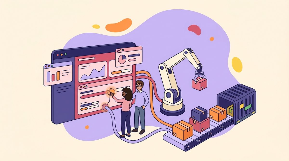 Painel de software conectado por linhas de dados a um braço robótico e a uma esteira de logística com caixas