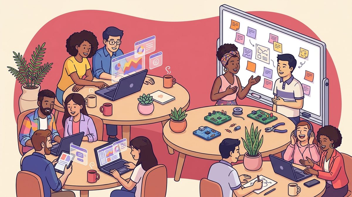 Engenheiros brasileiros e chineses colaborando juntos em mesas compartilhadas do coworking, com notebooks, quadros com post-its e placas eletrônicas