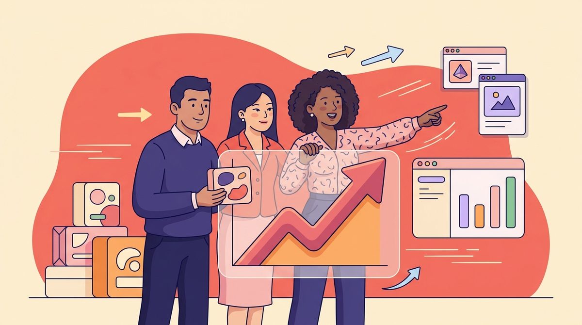 Equipe de startup brasileira e chinesa celebrando um gráfico de crescimento em forte subida