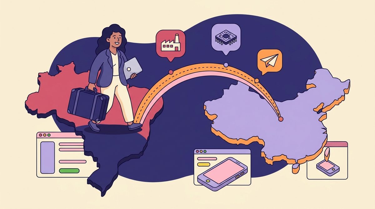 Empreendedor brasileiro atravessando de um mapa estilizado do Brasil para um mapa da China por linhas pontilhadas de viagem, com mala, notebook e ícones de fábrica pelo caminho