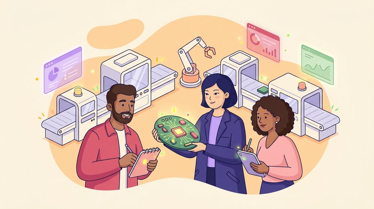 Grupo de empreendedores brasileiros e engenheiro chinês conversando em uma fábrica moderna, observando placas eletrônicas e uma linha de produção