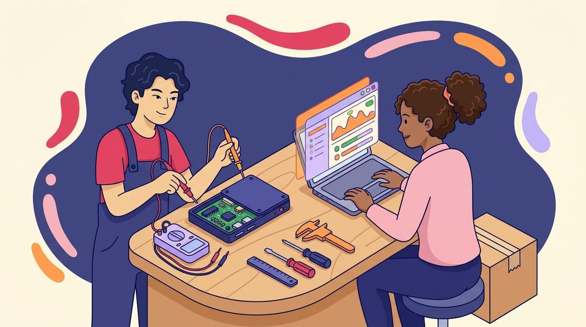 Engenheiro inspecionando um equipamento eletrônico aberto em bancada de teste, com medições e relatório