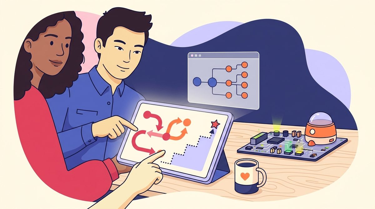 Mentor apontando um plano de ação com diagrama de fornecedores, placa eletrônica e protótipo sobre a mesa